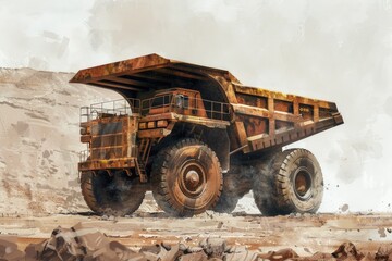 A painting of a large dump truck on a dirt road. Suitable for construction industry projects
