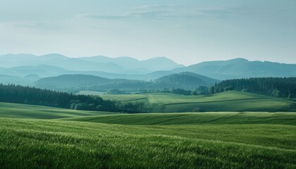 Obraz premium Mountain Landscape with Sky: A serene scene of misty mountains, green hills, and a vibrant sky at sunrise, showcasing the beauty of nature