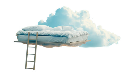 Floating bed in the clouds with stairs isolated on a transparent background