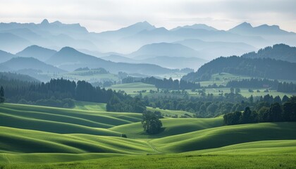 Fototapeta premium Mountain Landscape with Sky: A serene scene of misty mountains, green hills, and a vibrant sky at sunrise, showcasing the beauty of nature