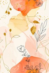 Golden Line Floral Background: Luxury Minimalist Wallpaper with Organic Shapes, Watercolor, Perfect for Banner, Poster, Web