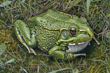 A frog sitting peacefully in the grass, suitable for nature and wildlife themes