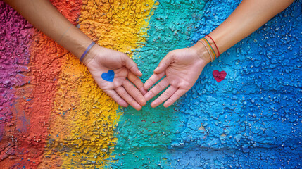 love between two women, their hands touching on the background of a rainbow flag
