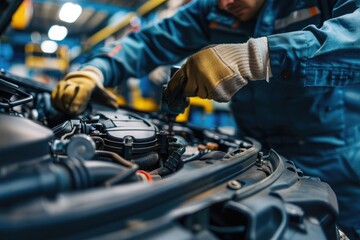Naklejka premium Mechanic at work in auto repair shop, fixing car engine