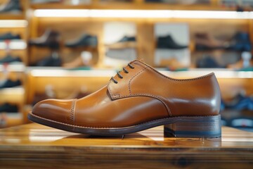 Brown shoes placed on a wooden table, suitable for fashion or lifestyle themes - Powered by Adobe