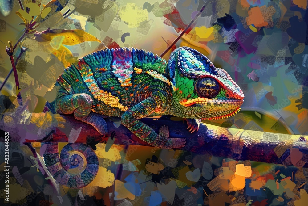 Poster a vibrant chameleon perched on a tree branch. ideal for nature and wildlife concepts