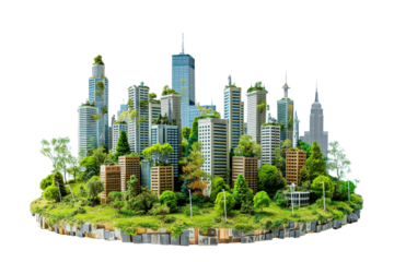 A cityscape with buildings and a green park on a transparent background