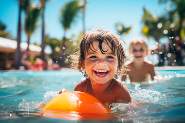 Retrato de niño sonriente chapoteando en el agua y jugando con la pelota en la piscina. Juegos infantiles en verano