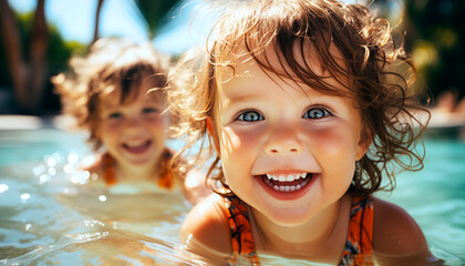 Retrato de preciosa niña dentro del agua en la piscina. Disfrutando del verano