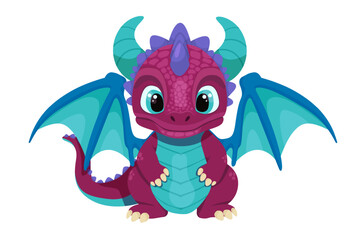 Adorable Cartoon Baby Dragon with a Playful Expression on a White Background. Chinese New Year. Baby fire dragon or dinosaur cute character isolated vector. Fairytale monster