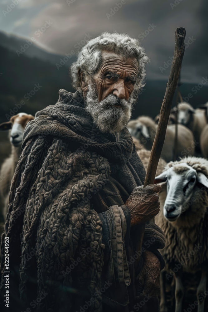 Poster A man standing with a stick in front of a herd of sheep. Suitable for agricultural and farming concepts