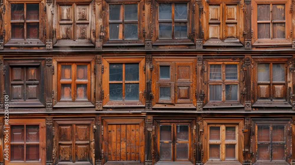 Poster a wall of wooden windows in a building, suitable for architecture projects