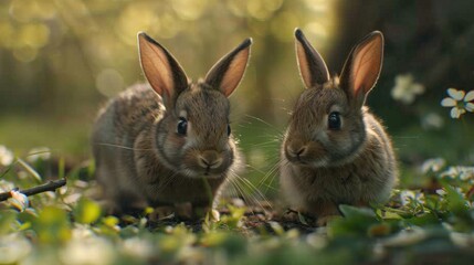 Fototapeta premium Two rabbits sitting on a green field, suitable for nature concepts