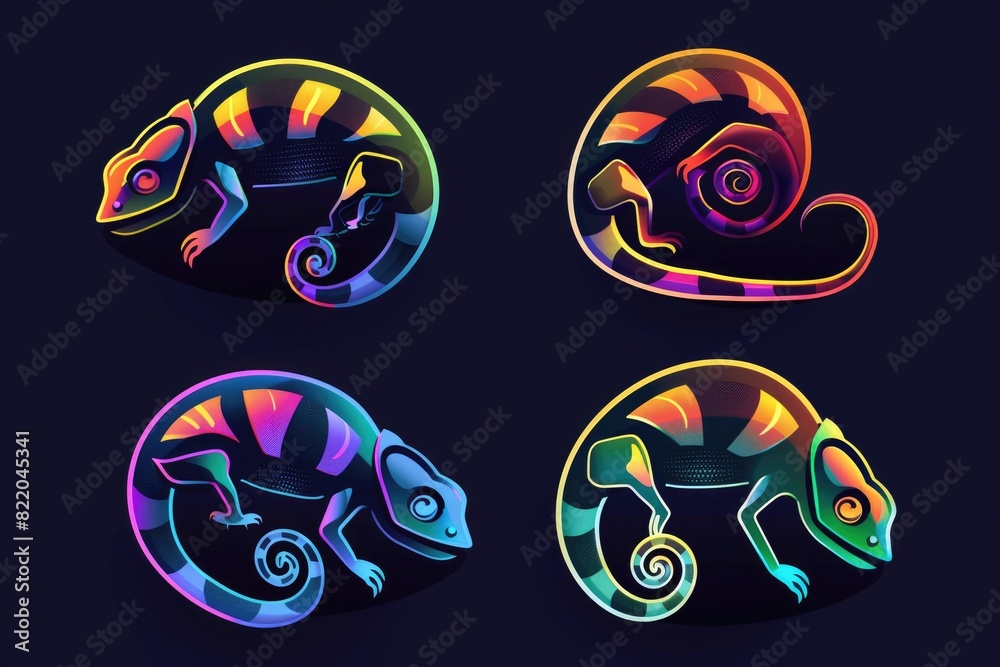 Poster four vibrant chameleons displayed on a dark backdrop. ideal for nature and wildlife themes