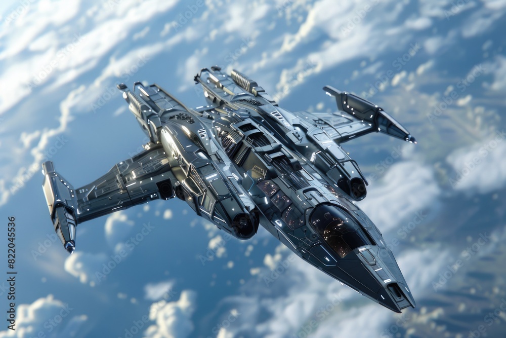 Aufkleber a fighter jet soaring through the sky with fluffy clouds in the background. perfect for military or 