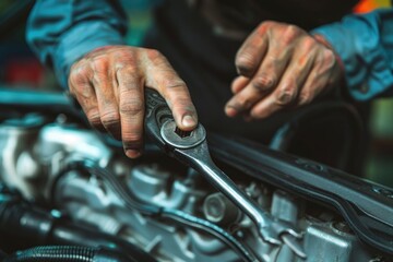 Mechanic at work in auto repair shop, fixing car engine