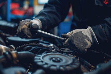 Obraz premium Mechanic at work in auto repair shop, fixing car engine