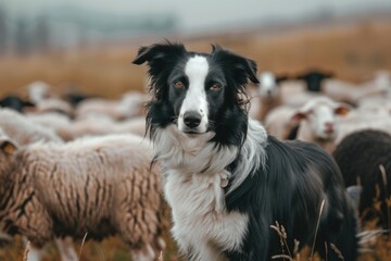 Fototapeta premium A black and white dog standing in front of a herd of sheep. Suitable for farm or animal related projects