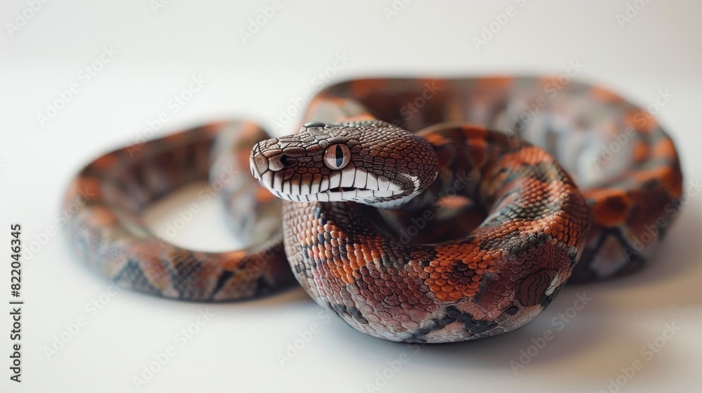 Poster a close-up view of a snake on a white surface. ideal for educational materials or wildlife-themed pr