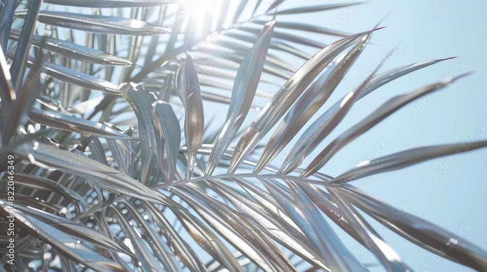Poster Close up view of a palm tree with the sun in the background. Ideal for travel and nature concepts