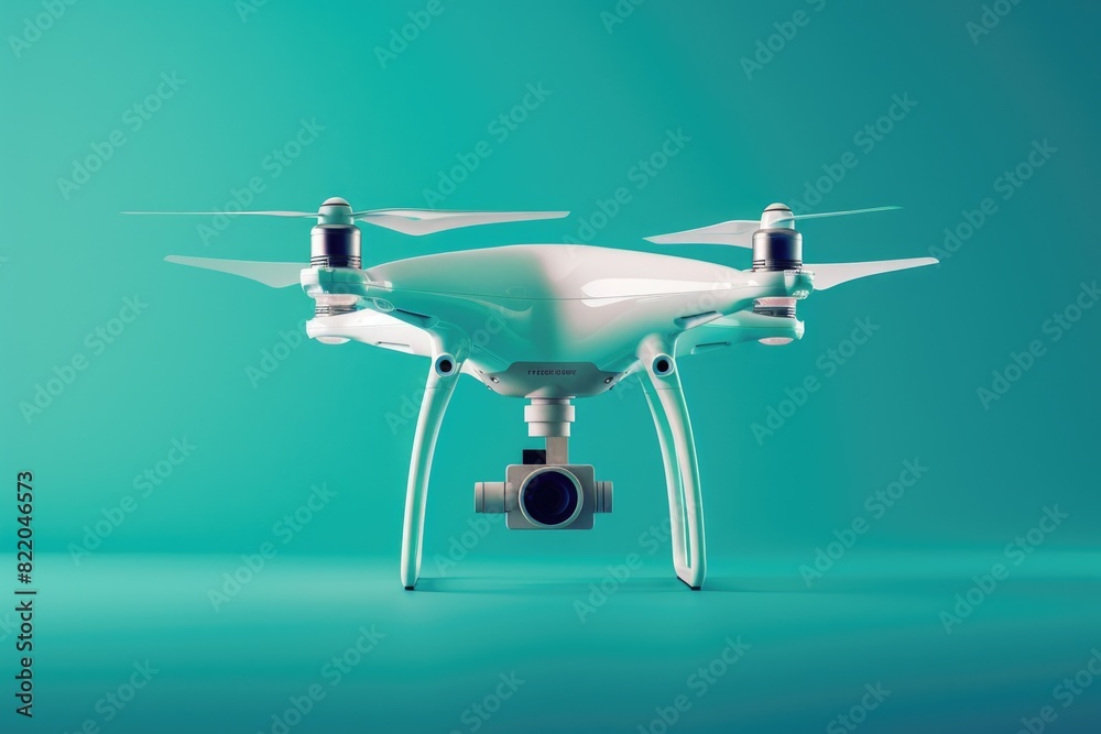 Poster a white drone with a camera attached. suitable for technology concepts