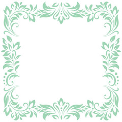 Square vintage frame, border of stylized leaves, flowers and curls in light green lines on white background. Vector backdrop, wallpaper