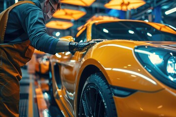 Close up of a auto body mechanic buffing a scratch on sports car