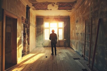 House improvement concept. Rear view of man construction worker looking away.