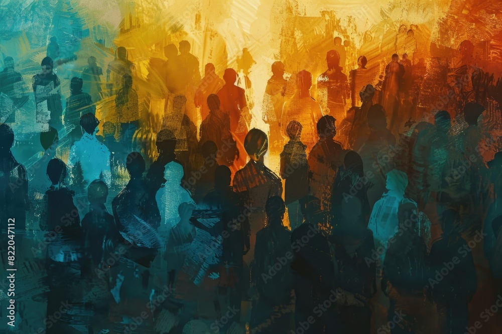 Poster a painting of a group of people standing together. suitable for team building concepts