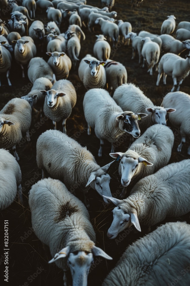Poster a herd of sheep on a grassy field, suitable for agricultural concepts
