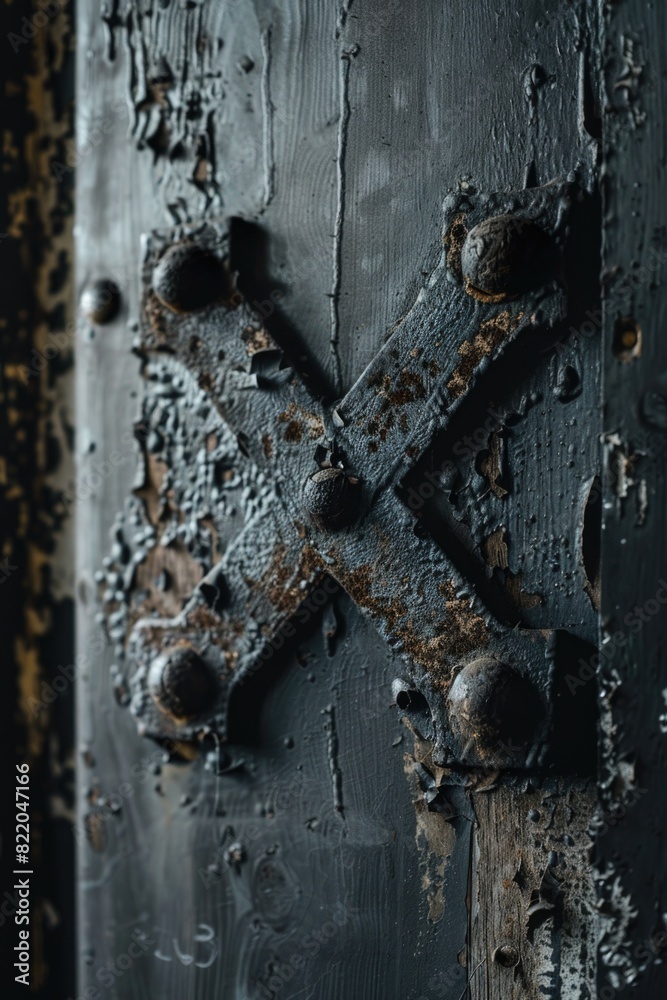 Poster detailed image of a metal cross on a door, suitable for religious themes or architectural design