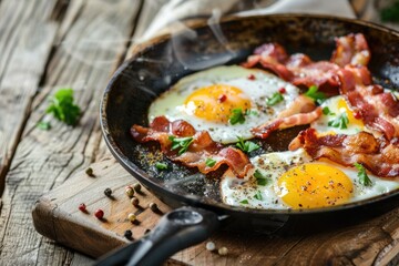 Breakfast with fried eggs and bacon in a pan.