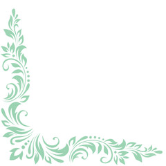 Abstract pattern, decorative element, clip art with stylized leaves, flowers and curls in light green lines on white background. Corner vintage ornament, border, frame