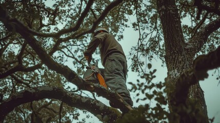 Fototapeta premium A man standing on top of a tree with a skateboard. Perfect for outdoor adventure concepts
