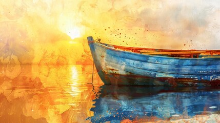 Expansive panoramic close-up of a rustic fishing boat anchored softly, bathed in warm, golden sunset hues, watercolor painting style with gentle strokes and vibrant colors