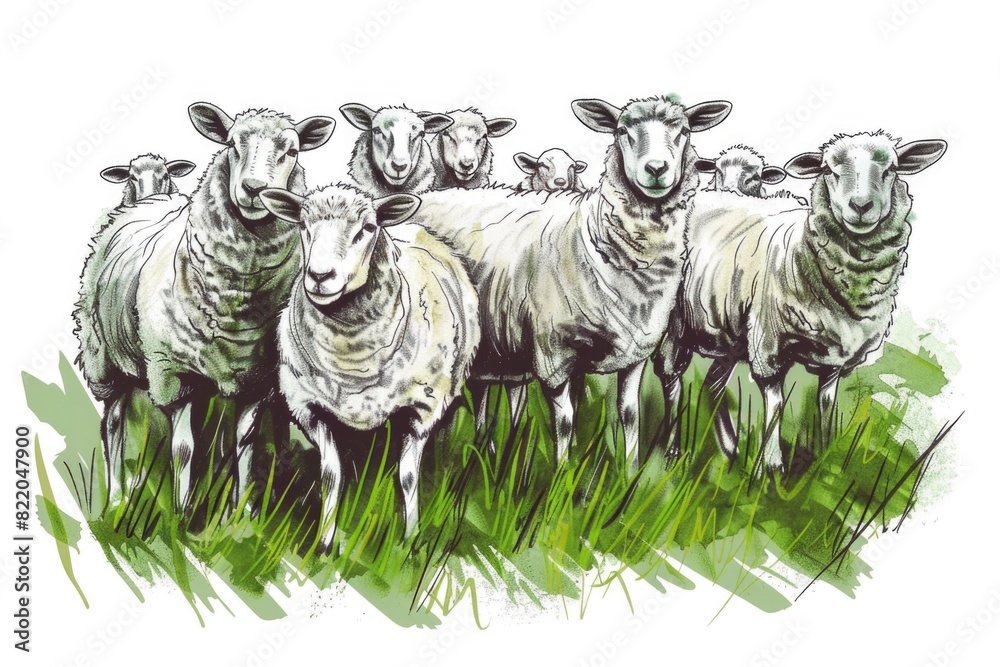 Poster a herd of sheep standing on a lush green field. suitable for agricultural and nature concepts
