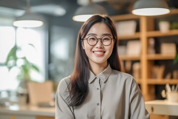 A young, happy businesswoman in a modern office, a beautiful manager, adorned with a smile, immersed in her work at the workplace. Generative AI.
