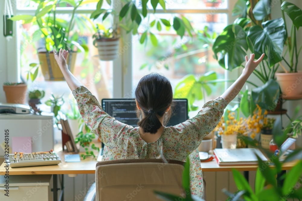 Poster a woman sitting at a desk in front of a computer. suitable for business concepts