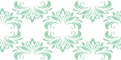 Vintage seamless plant pattern of light green stylized leaves, flowers and curls on white background. Retro style. Vector backdrop, texture for victorian wallpapers, wrapping paper, fabric