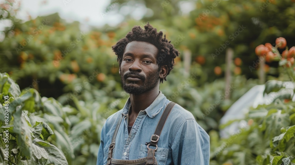 Poster a man with dreadlocks standing in a garden. suitable for lifestyle and fashion concepts