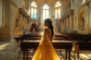 young beautiful indian woman playing piano