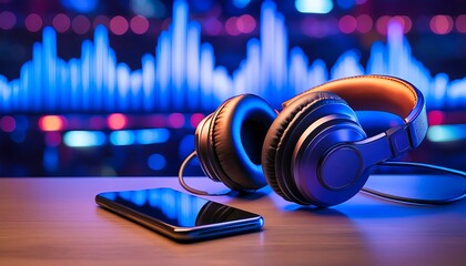 Modern audio setup with headphones and smartphone on a desk, highlighted by neon blue and purple lights with an audio waveform in the background.