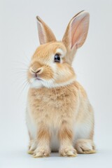 A small brown rabbit sitting on a white surface. Ideal for animal lovers and nature enthusiasts