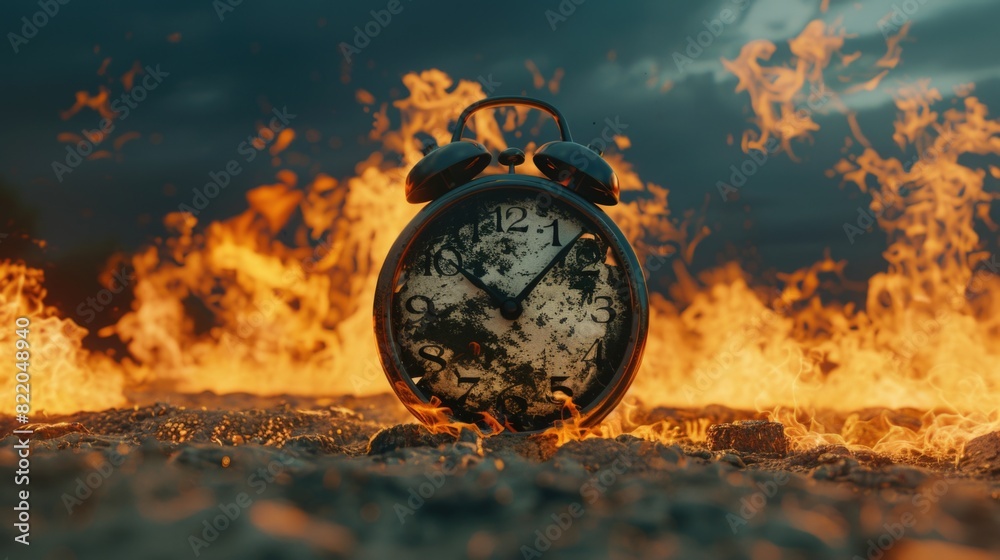 Aufkleber an alarm clock surrounded by flames, suitable for concepts of urgency and danger
