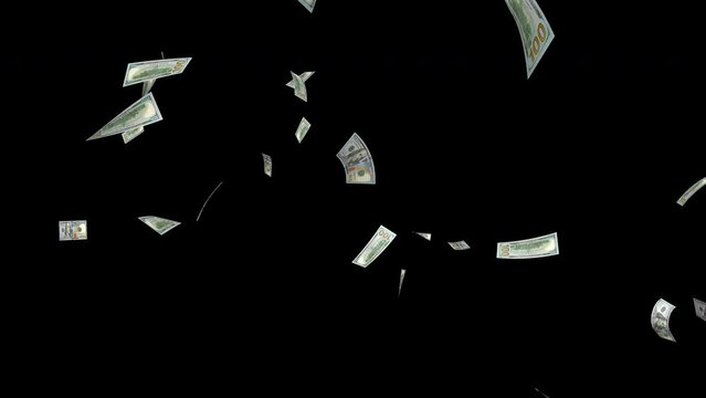 Falling Dollar banknotes on alpha channel background. Business finance American dollar money concept.