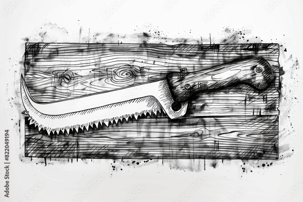 Poster detailed drawing of a knife on a piece of wood. suitable for various design projects