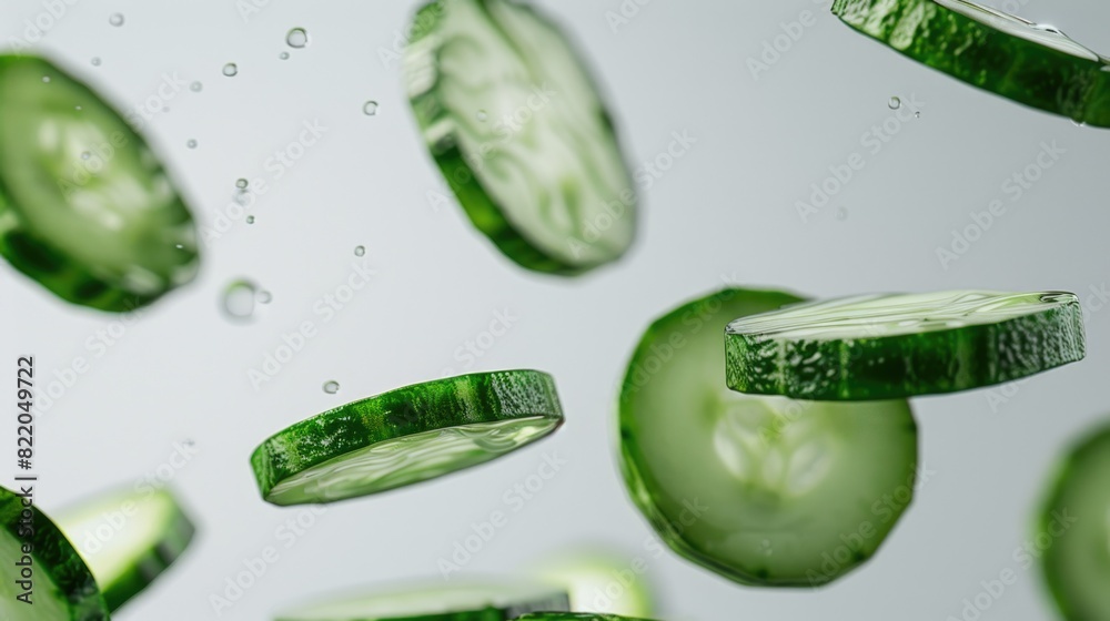 Poster fresh cucumbers slices floating in clear water. ideal for healthy lifestyle concepts
