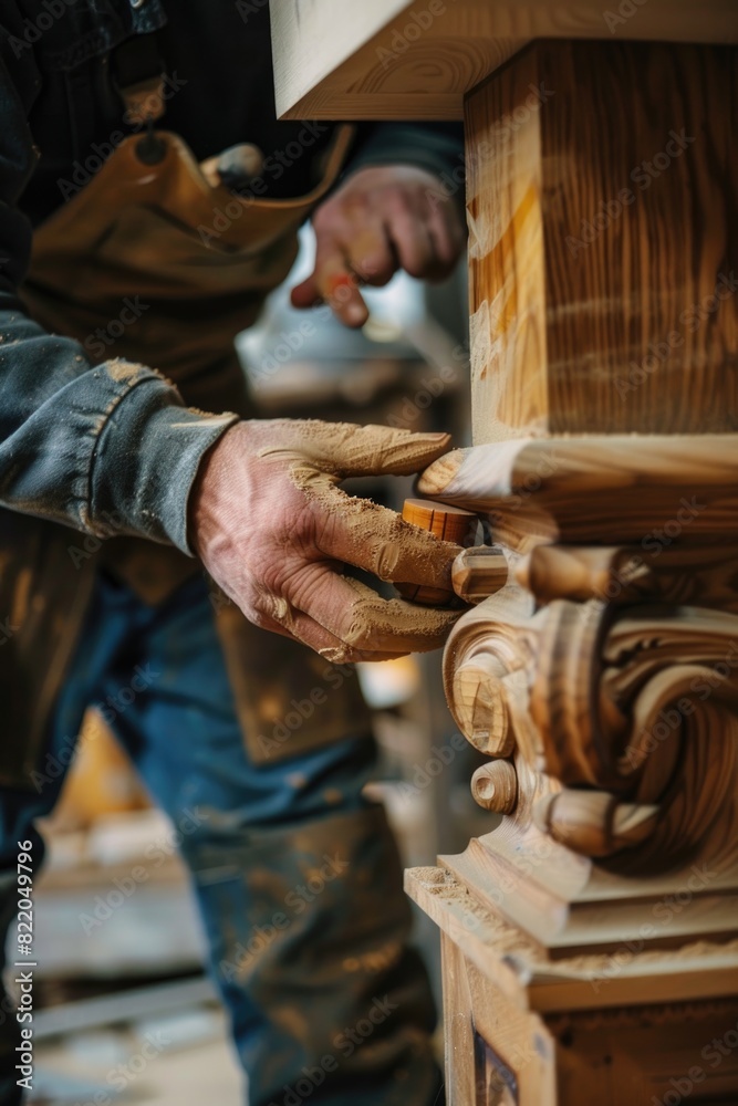 Poster close-up of a person working on a piece of wood. suitable for woodworking or carpentry concepts