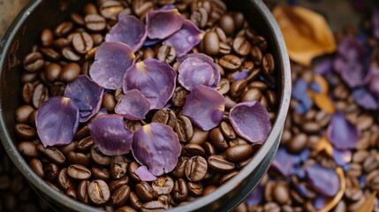 Fototapeta premium Close-up shot of fresh coffee beans with scattered purple petals in a black bowl, highlighting the contrast between natural textures and colors.