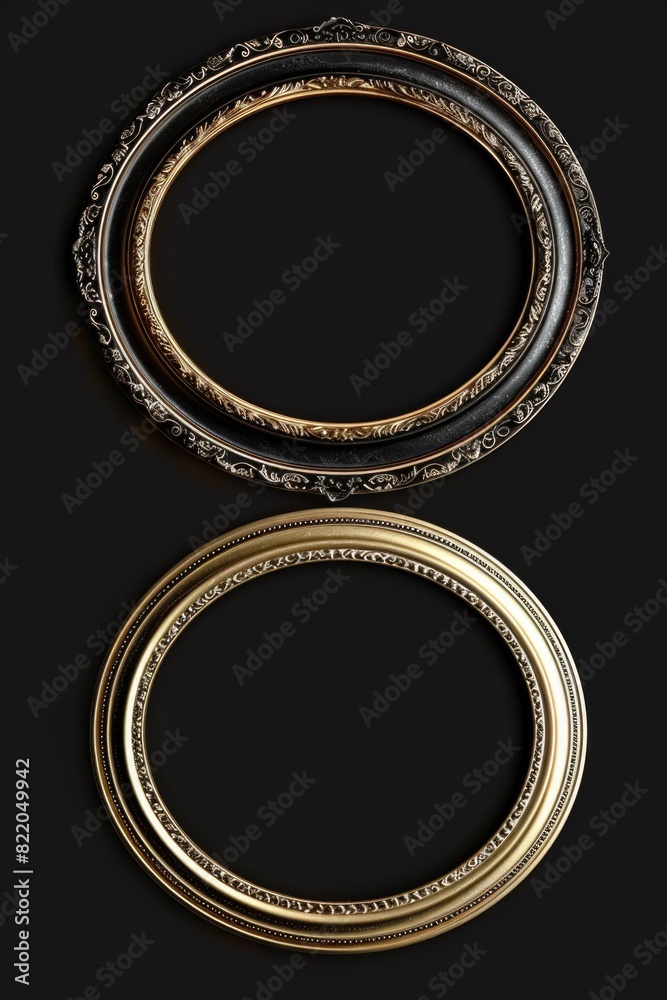 Poster Elegant set of three oval gold frames on a sleek black background. Perfect for adding a touch of sophistication to any design project